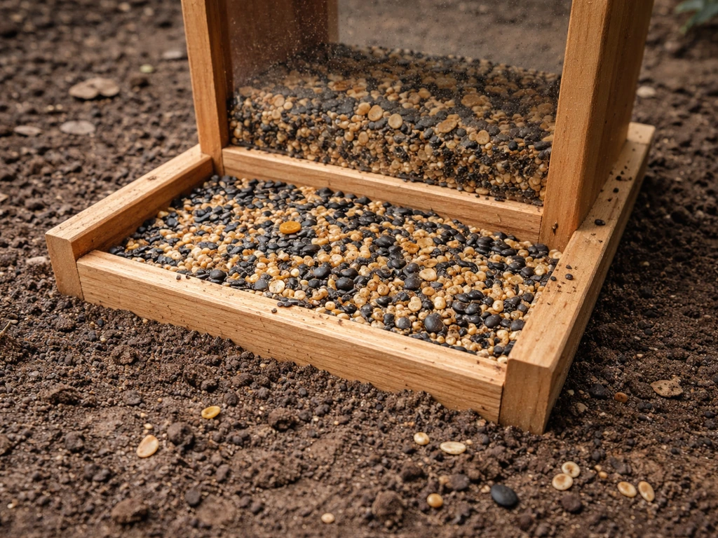 Damp birdseed near the base of a ground feeder with scattered seeds on soil, showing higher exposure.