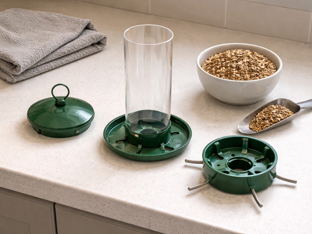 Disassembled bird feeder parts on a kitchen counter, fully dried, ready to be refilled with dry seed