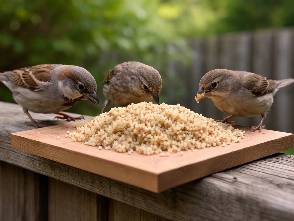 Backyard birds pecking cooked plain quinoa on a simple platform feeder in soft daylight.