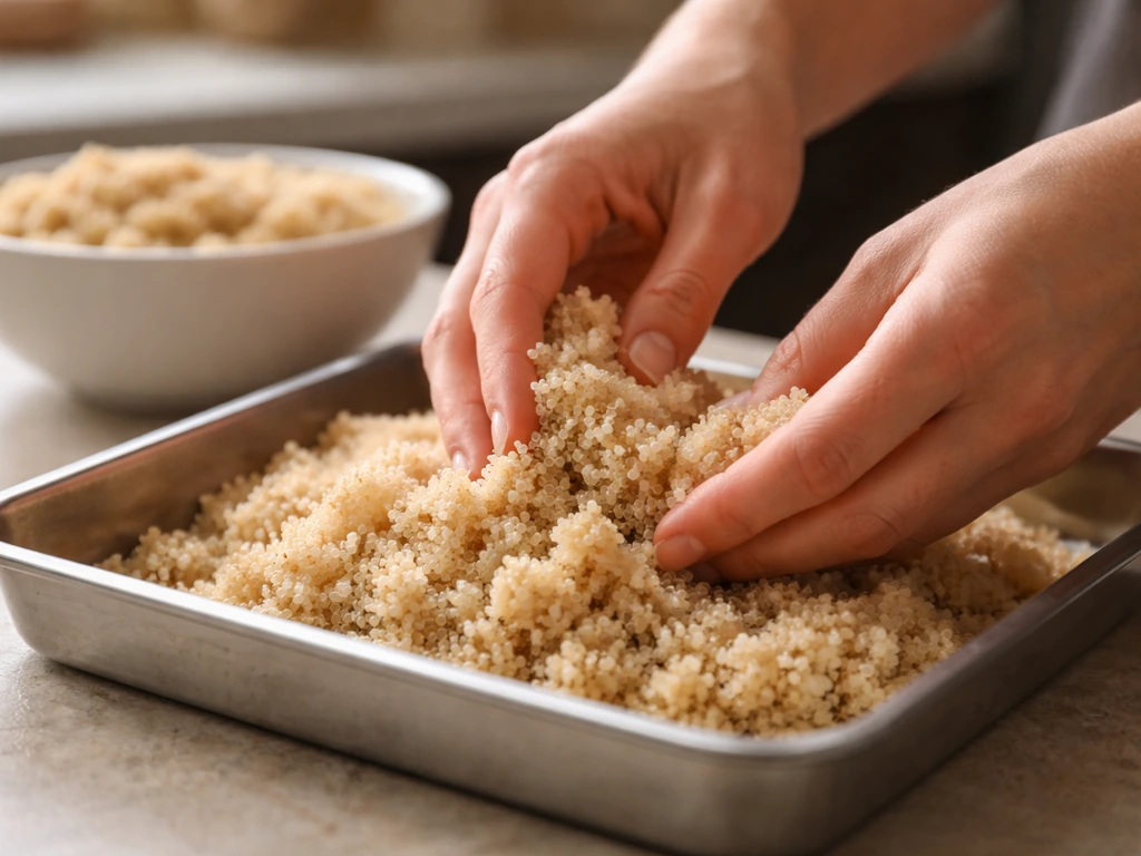 Hands portion fluffy cooked quinoa into a small tray for birds on a simple counter.