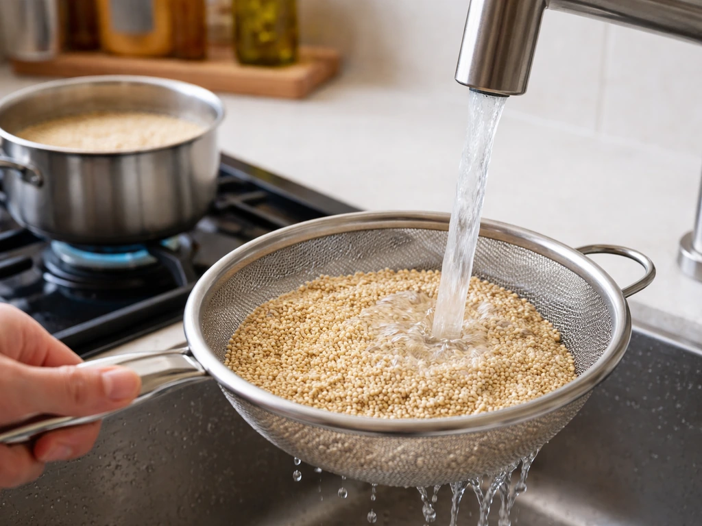 Sieve of quinoa rinsed under cold water, then pot simmering quinoa on the stove