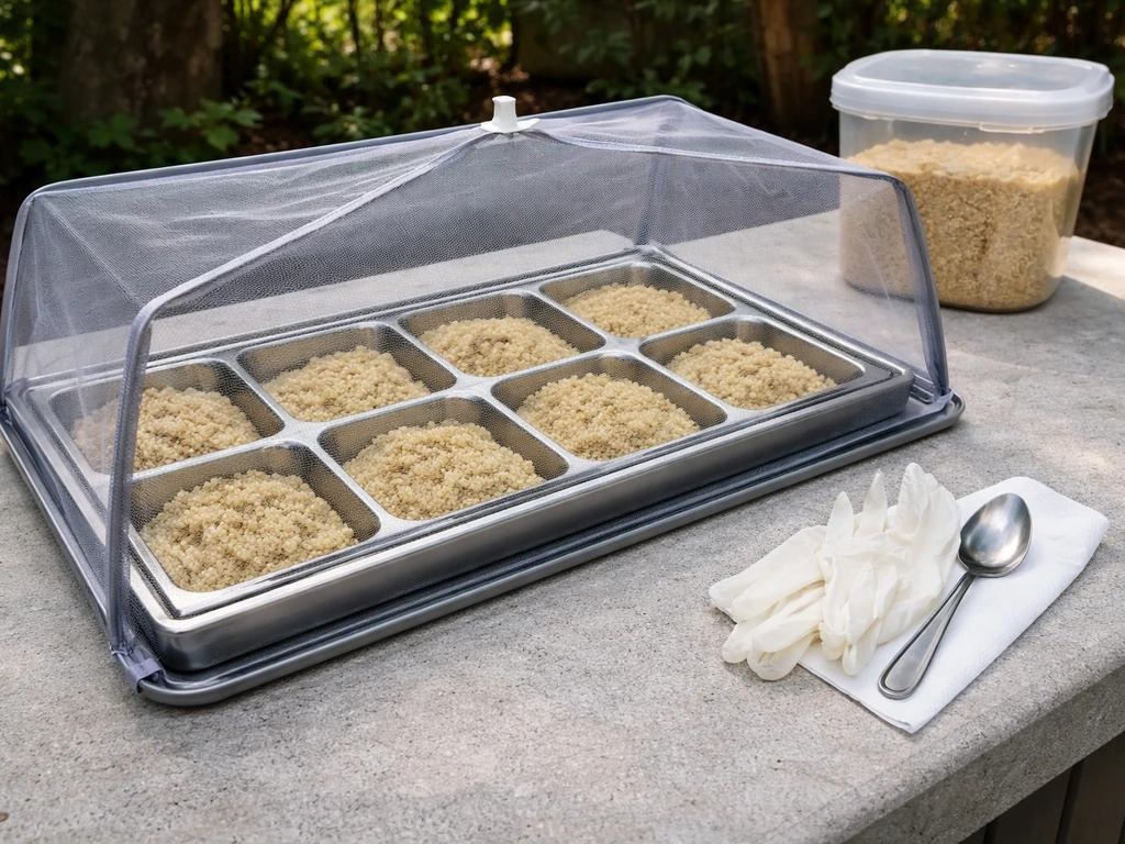 Shaded backyard tray feeder with covered compartments of plain quinoa and clean utensils for portion control