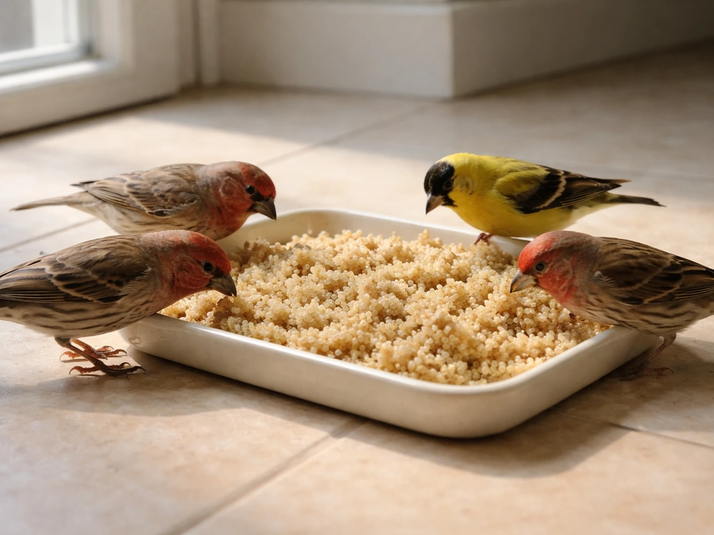 Finch-like birds pecking moist, soft cooked quinoa from a shallow tray on a floor.