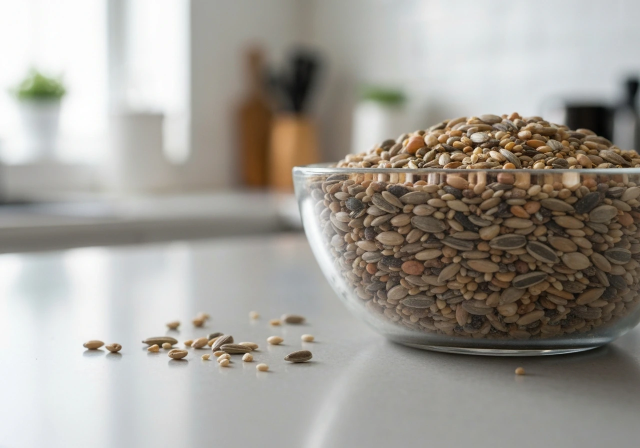 Close-up of mixed bird seed in a bowl with scattered seeds on a kitchen counter, no people visible.