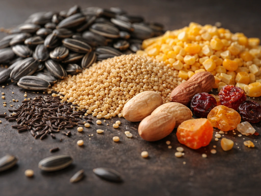 Macro close-up of assorted bird-seed ingredients—sunflower, millet, cracked corn, peanuts, dried fruit, nyjer seeds.