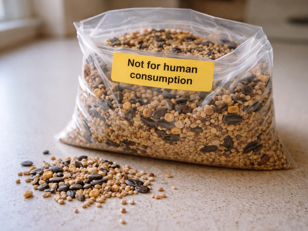 Close-up of bird seed bag and grains on a countertop with a caution label indicating not for human consumption.
