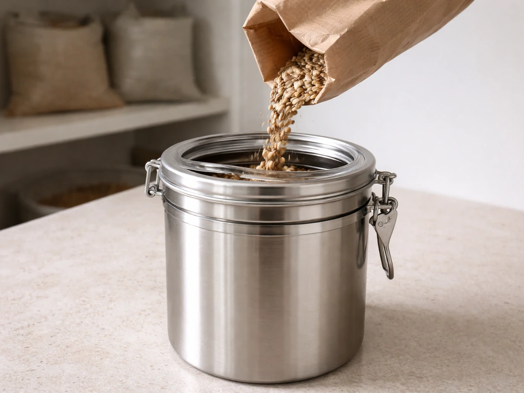 A bird seed bag pours into a sealed airtight metal canister on a clean, dry counter.