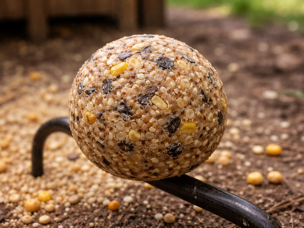 Close-up of a suet/fat ball beside chicken feed in an outdoor setting, with no chickens visible.