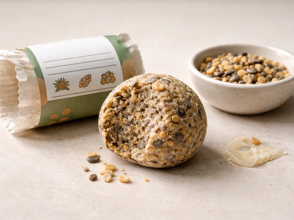 Fat ball with exposed interior and nearby seed/nut mix, suggesting rendered fat ingredients.