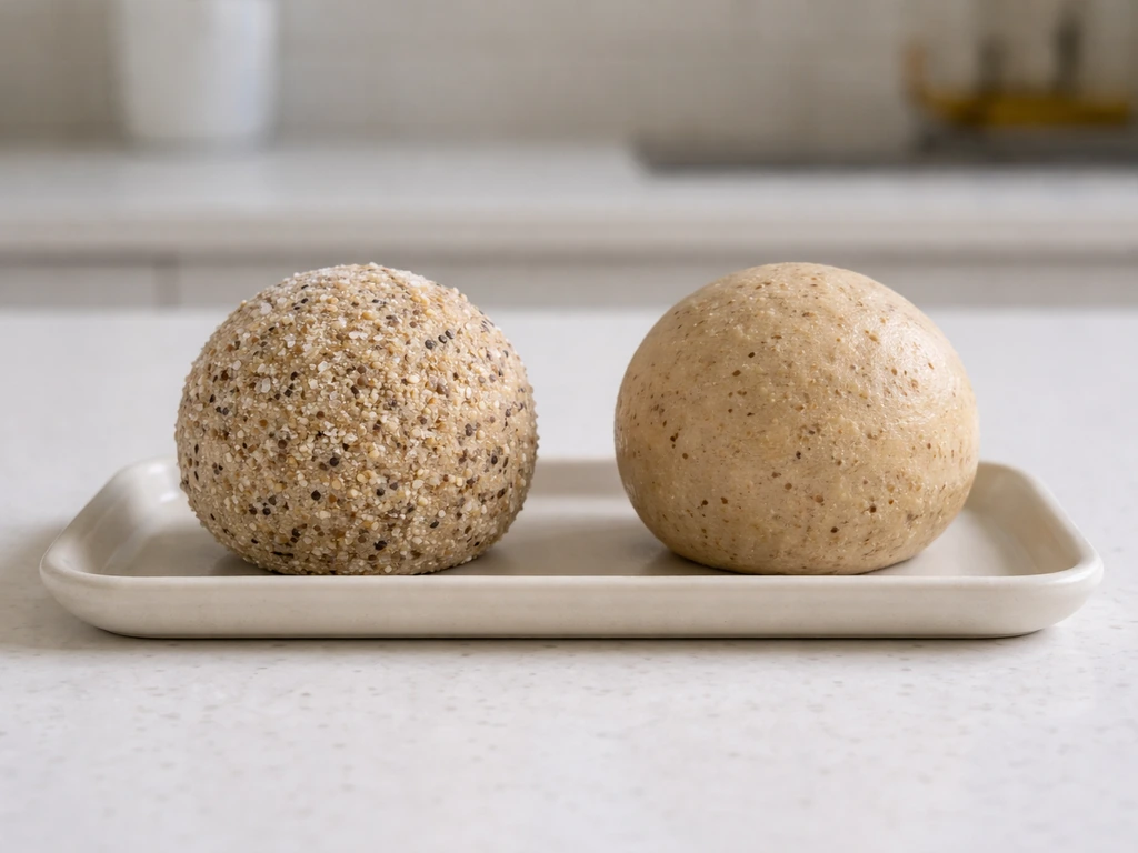 Two simple suet/fat balls on a tray—one with visible salt-like crystals, the other plain, highlighting additives risk.