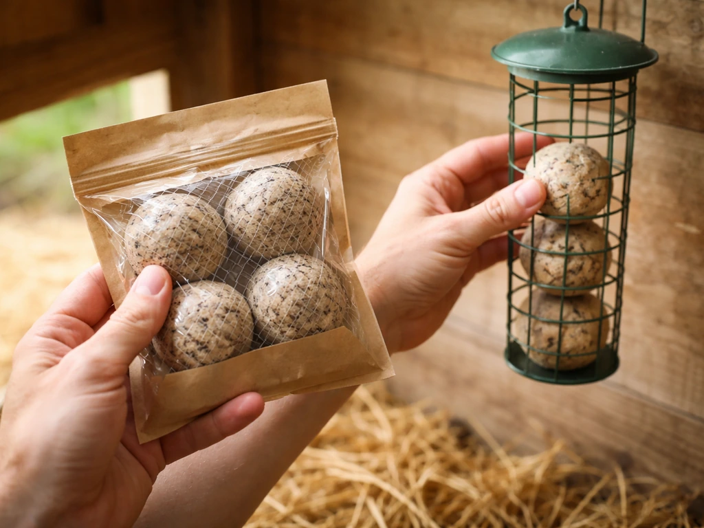 Hands checking a suet/fat ball package label while placing a fat ball into a clean feeder