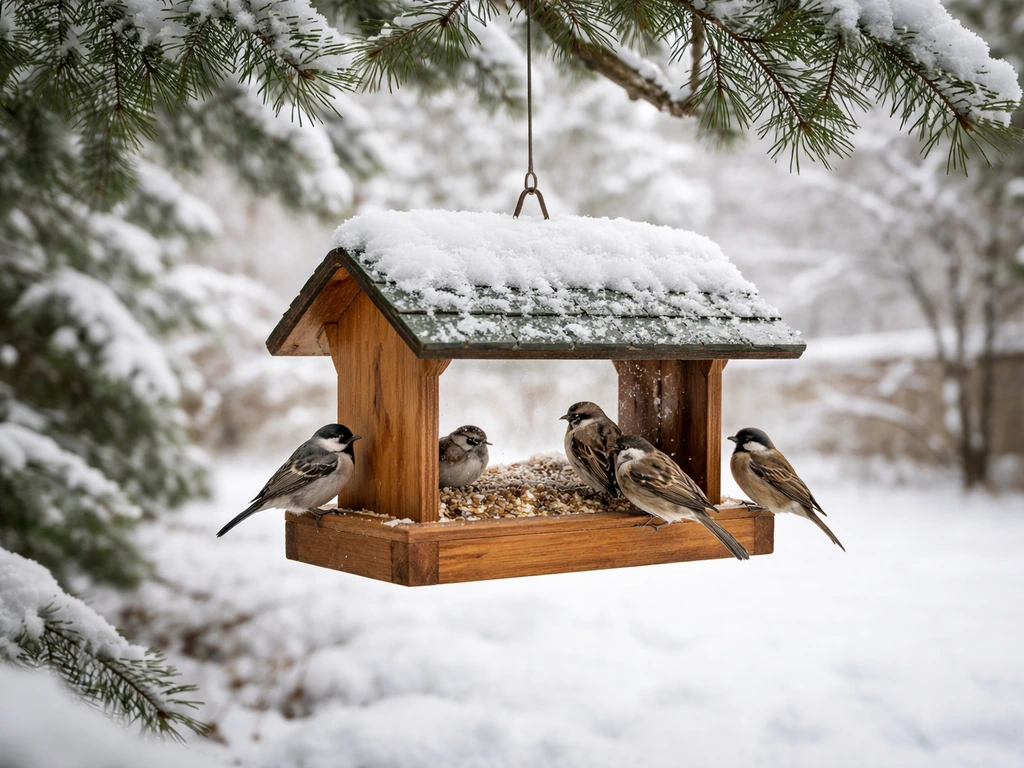 Small birds feeding from a covered bird feeder in a snowy backyard during winter.