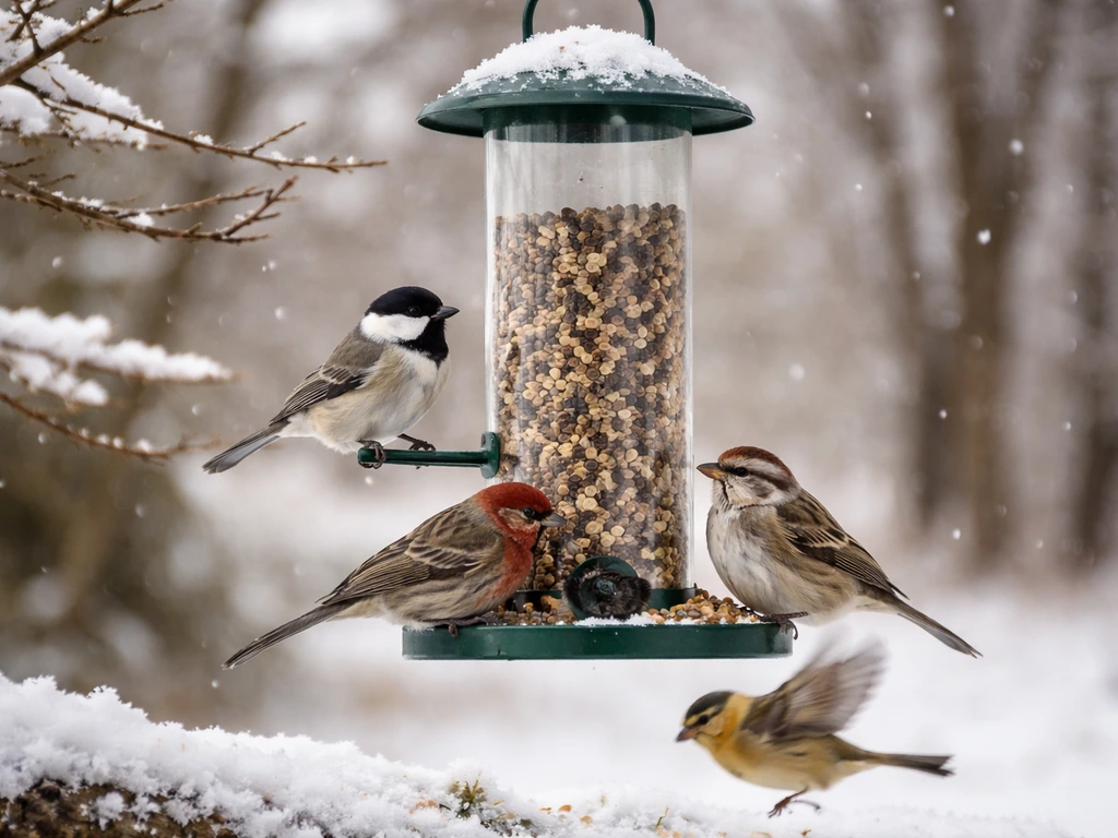 Black-capped chickadee and other small birds feeding at a winter bird feeder with light snow nearby.