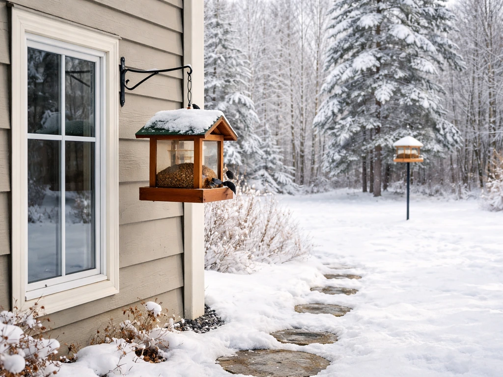 Winter house window with one bird feeder close and another far away for safe placement.