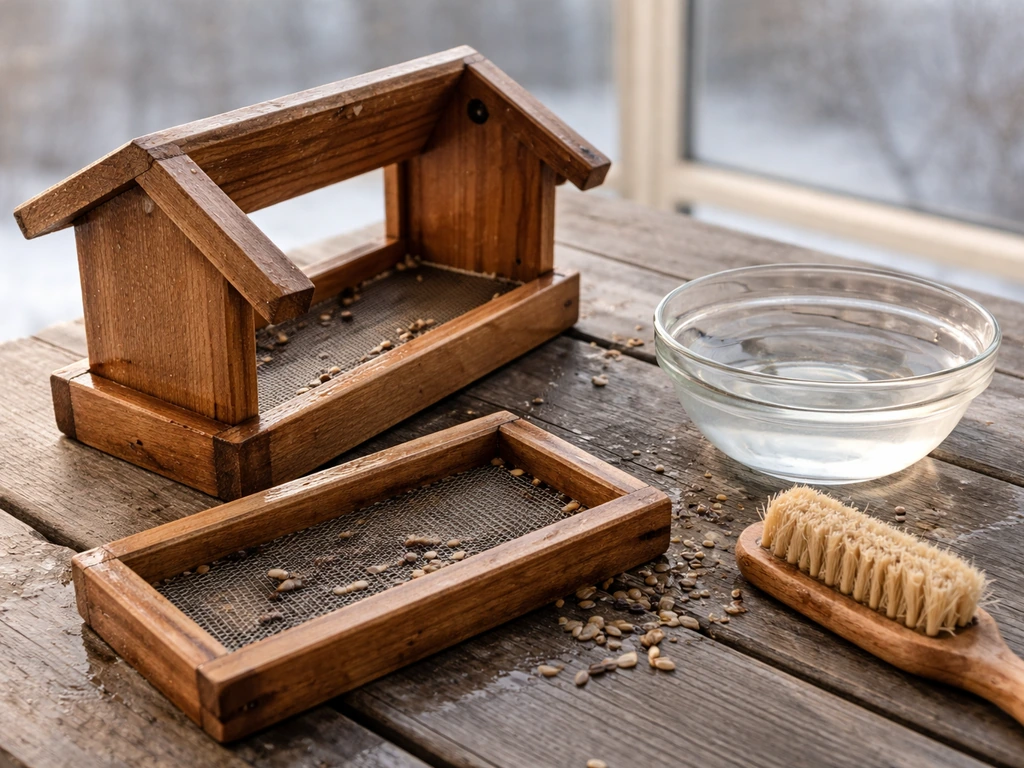 Bird feeder disassembled on a winter table as it’s scrubbed clean to prevent mold.