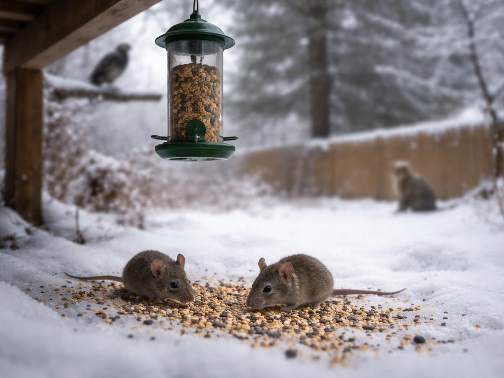 Mice at a snow-covered bird feeder with spilled seed, with a blurred hawk and cat in the background.
