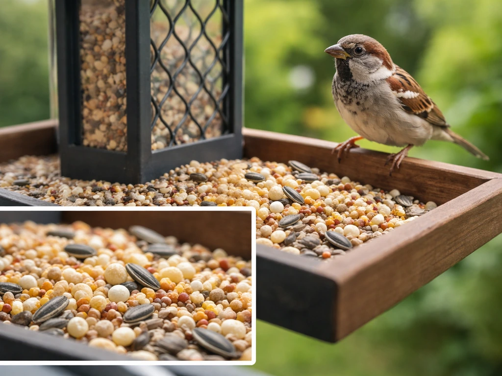 Brown sparrow perched at a backyard feeder with a crisp close view of fresh dry bird seed