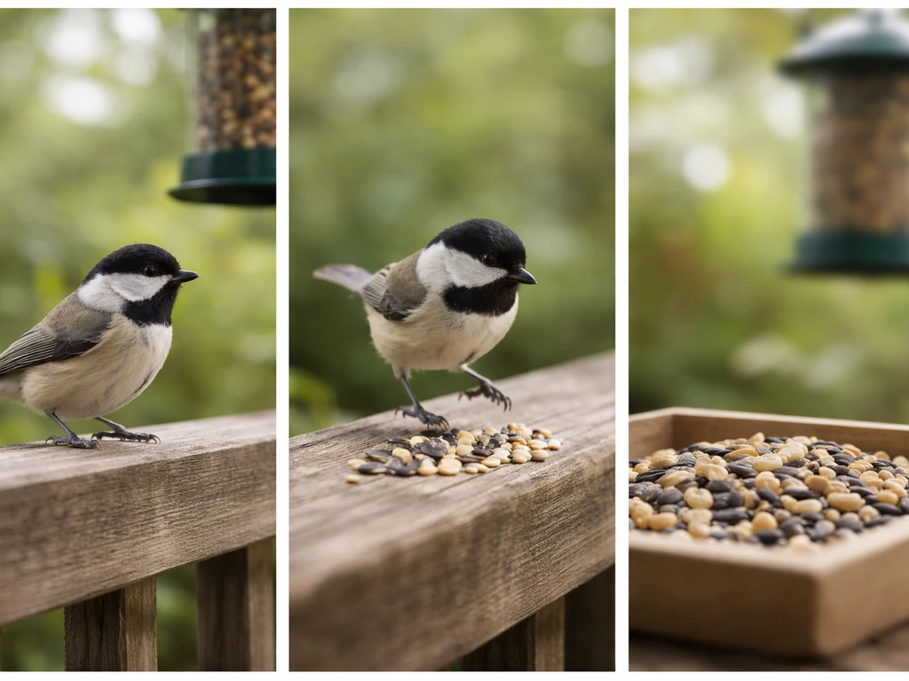 Three-panel backyard photo sequence: perched bird, hopping bird, and close-up seeds suggesting scent cues.