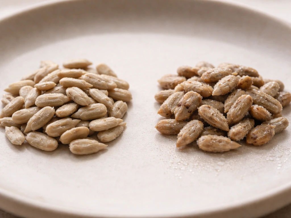 Left: dry sunflower seeds; right: damp clumped seeds with dark spots suggesting early spoilage.
