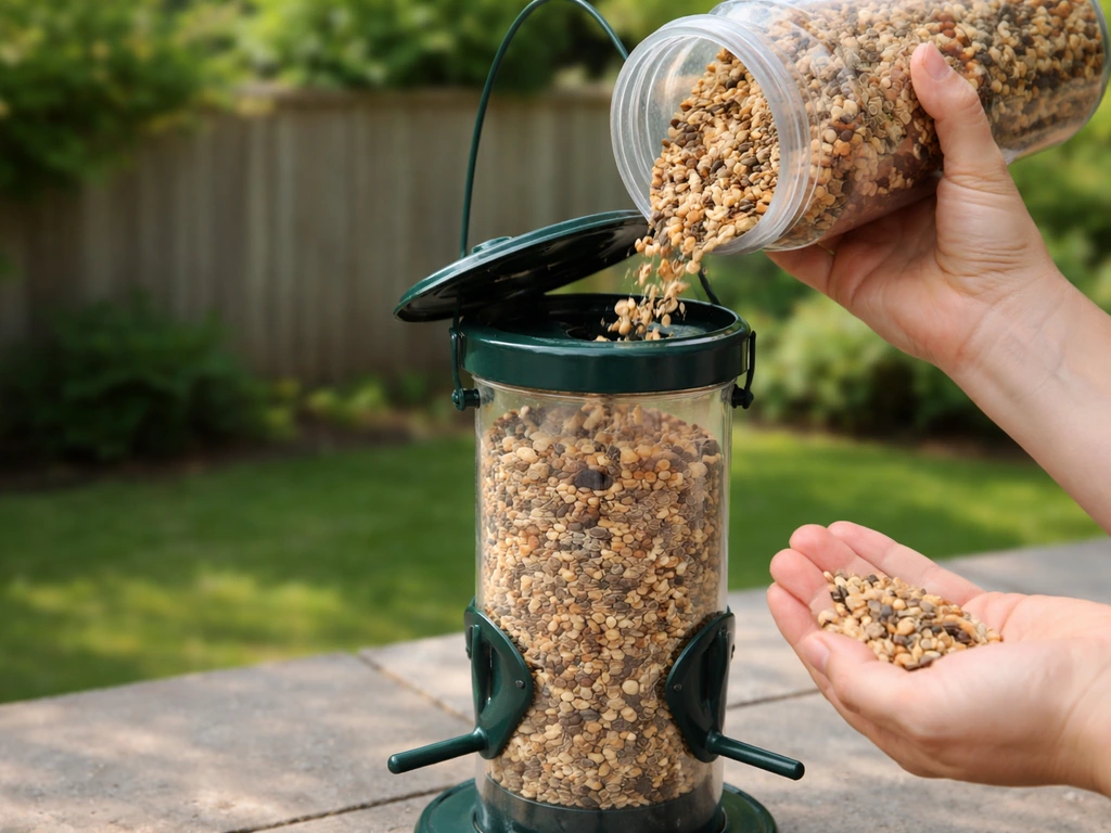 Person refilling a clean bird feeder with fresh seed after discarding questionable seed