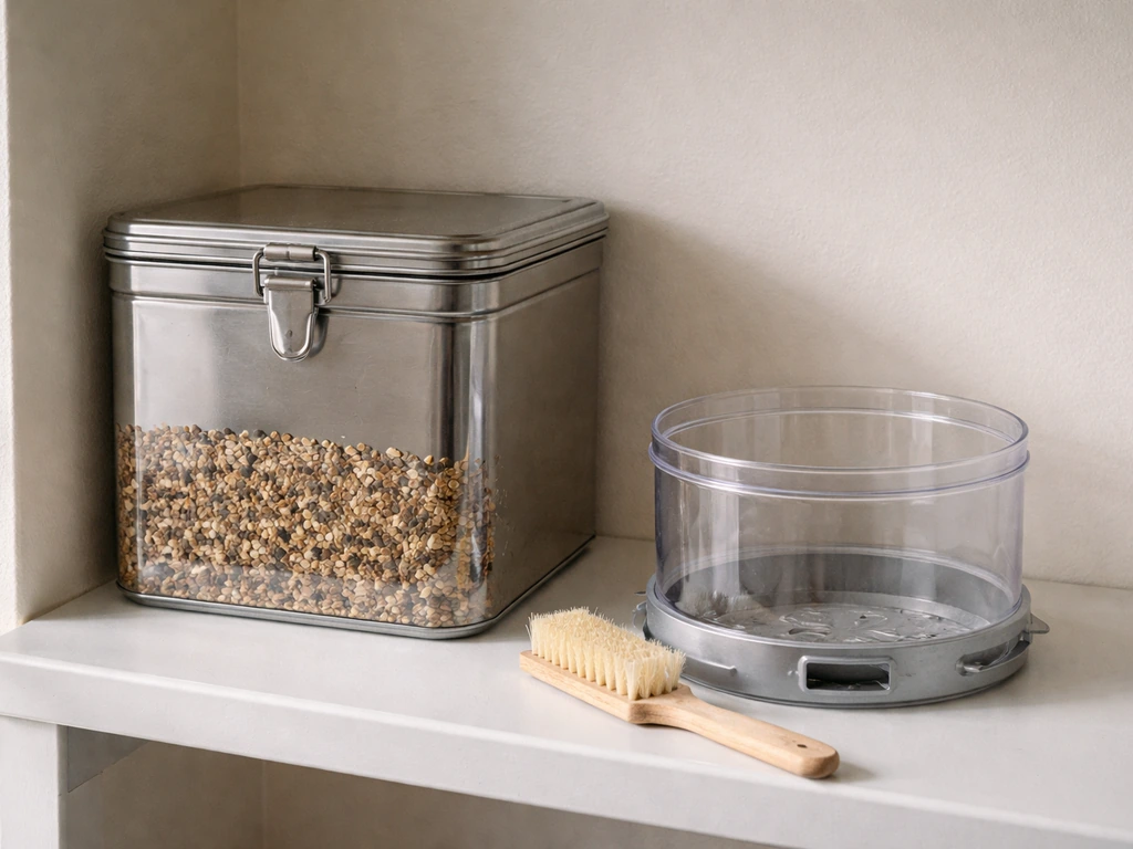Airtight container of bird seed next to a freshly cleaned feeder on a cool, dry shelf.