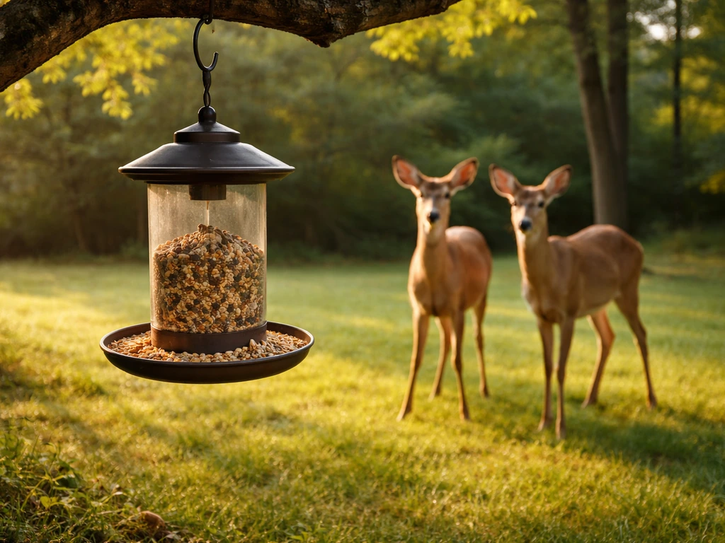 Bird feeder in a yard with deer grazing nearby, clearly showing deer can access the feeder