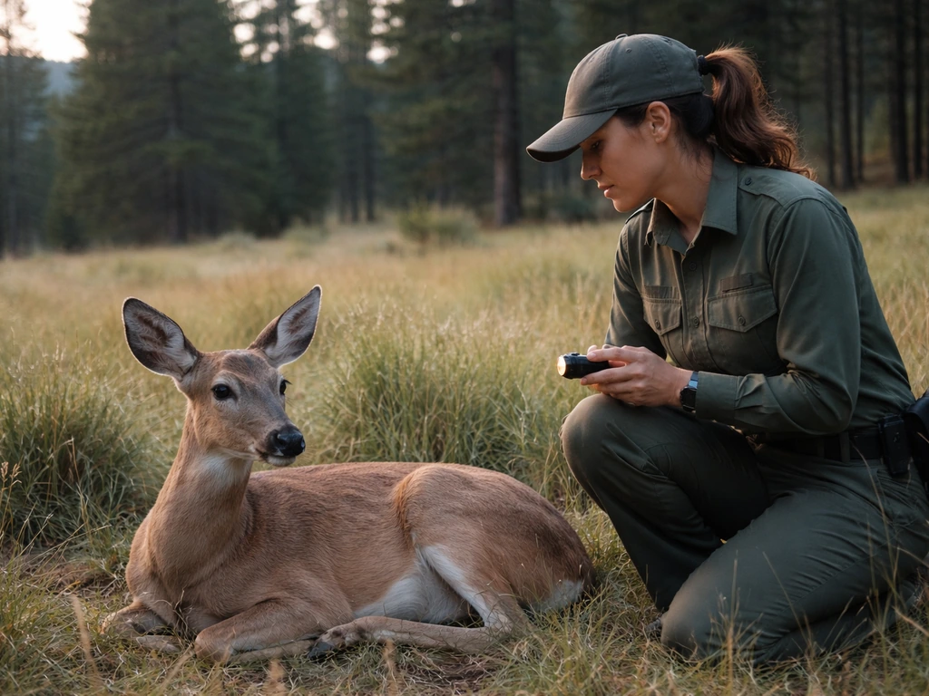 Colorado wildlife ranger kneeling near a small deer in a quiet mountain meadow