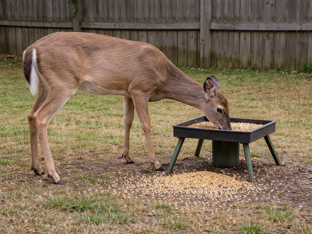 White-tailed deer at a quiet yard feeder with scattered seeds on the ground, suggesting sudden heavy eating risk.