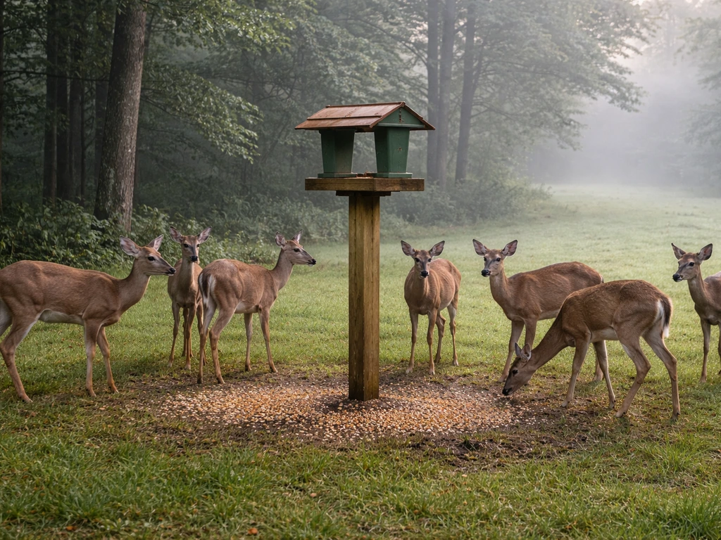 Several deer gathered around a bird feeder in a quiet outdoor yard at dawn.