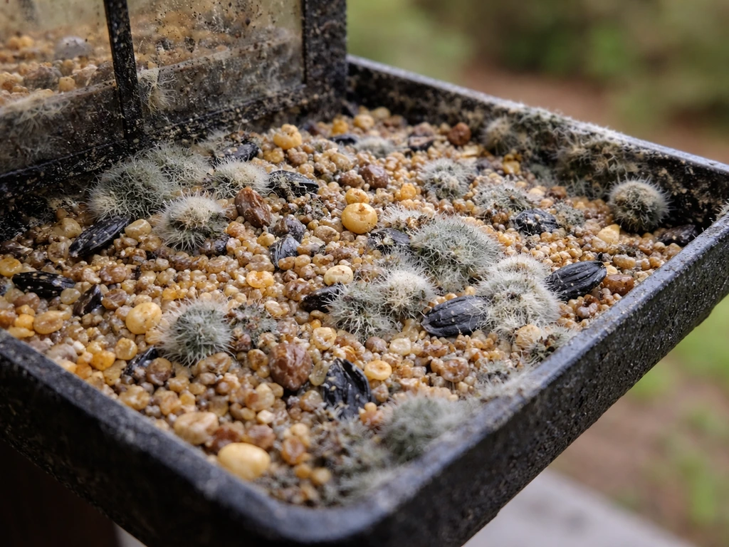 Close-up of damp, clumped moldy bird seed in an outdoor feeder tray