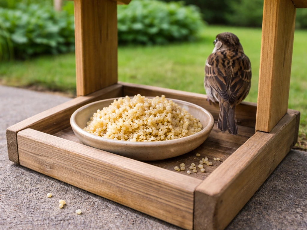 Plain cooked quinoa in a bird feeder with a small sparrow in a quiet backyard garden.