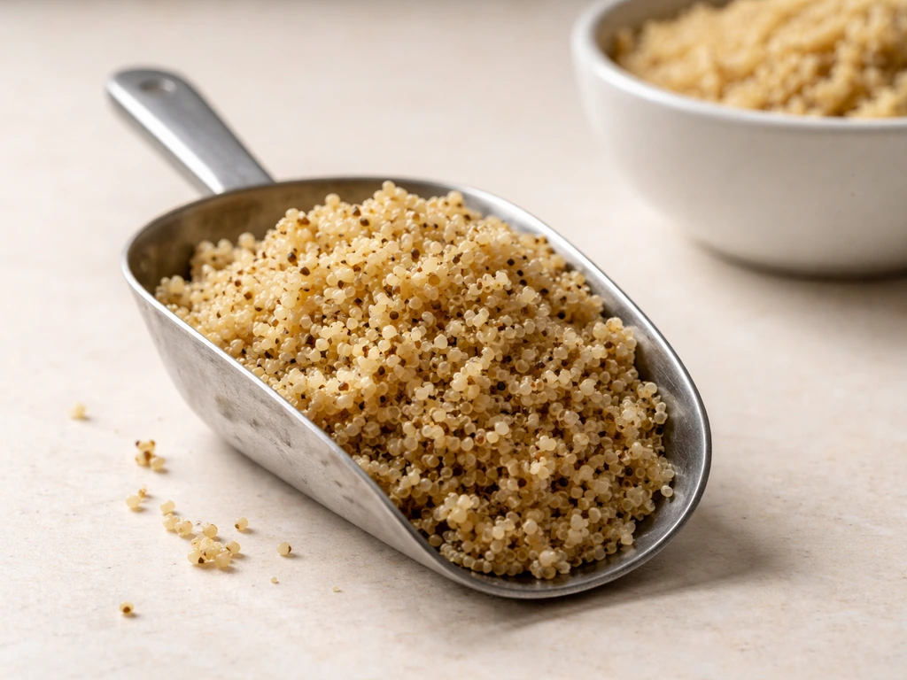 Metal scoop of seasoned quinoa with specks of added salt, next to a bowl of plain quinoa.