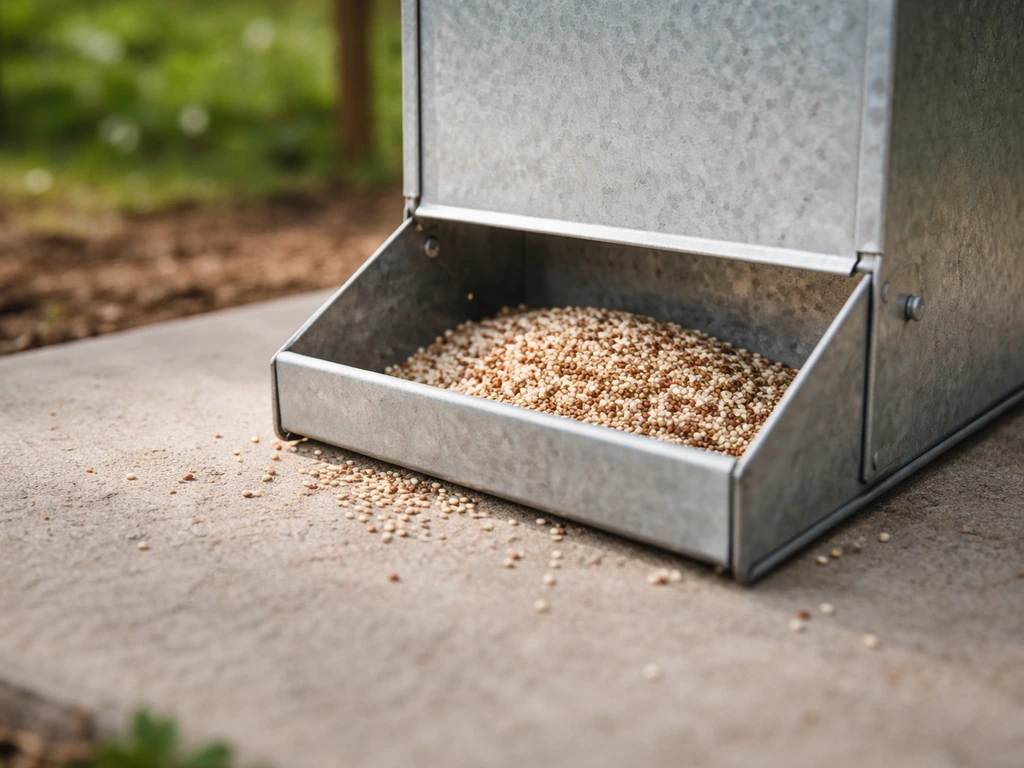 Close-up of a small-portion quinoa hopper feeder on clean ground with minimal spilled grains.
