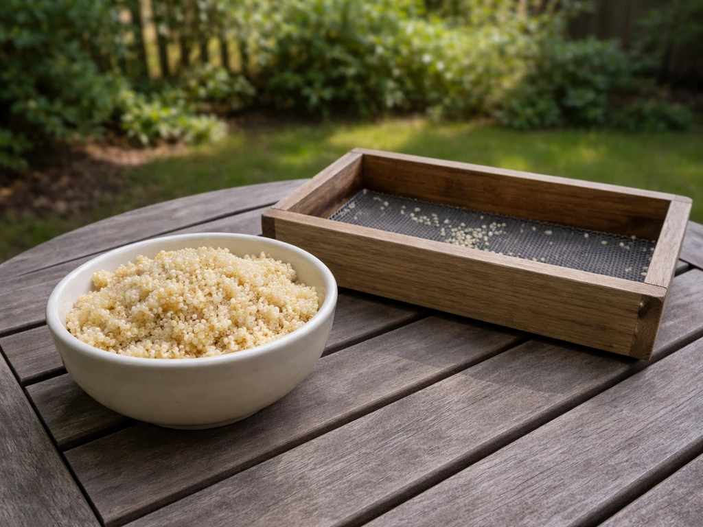 Bowl of plain cooked quinoa on a backyard table near a bird feeder