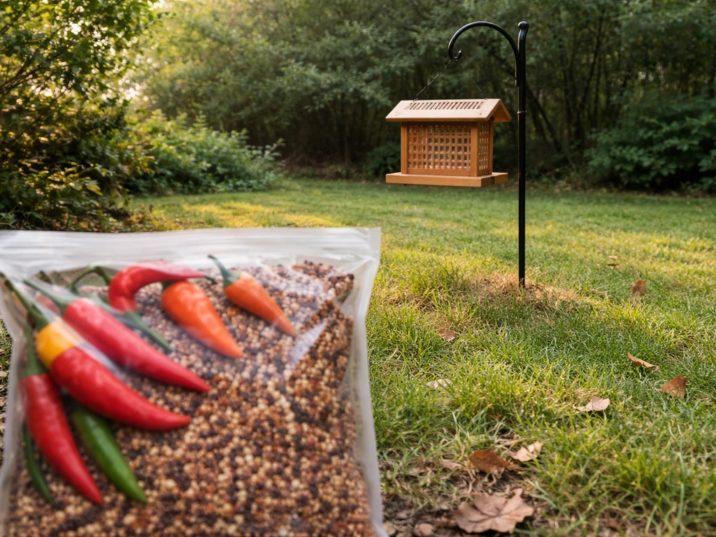 Bird feeder at yard edge with a hot pepper bird seed bag in the foreground, no mice visible.