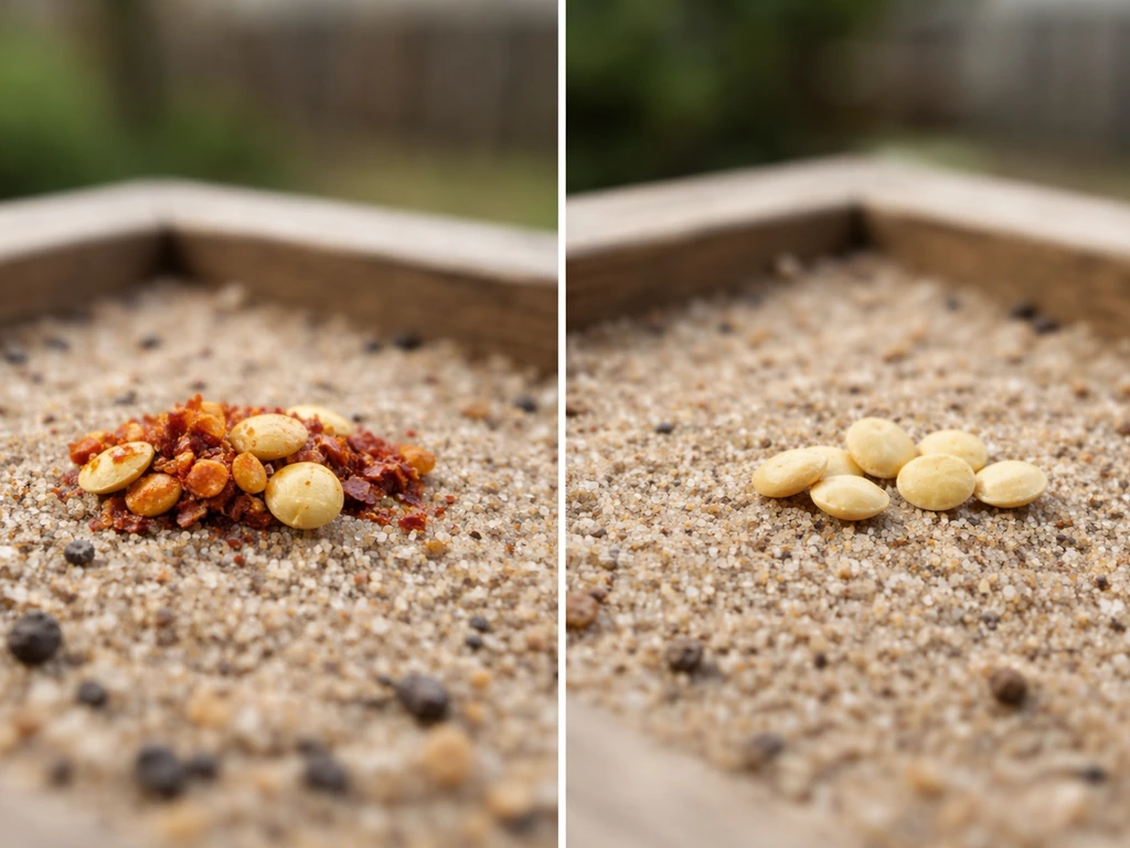 Close-up of chili residue on seeds versus clean seeds near a bird feeder, natural outdoor light.