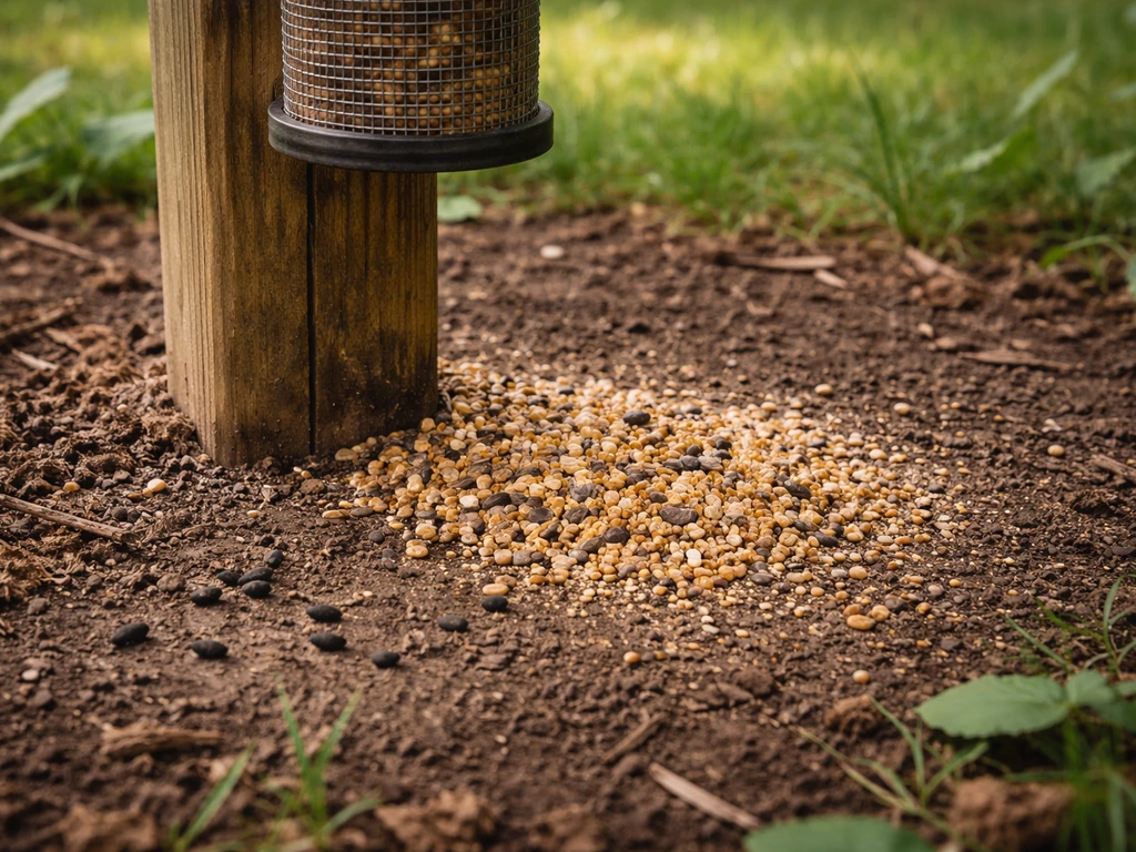Outdoor bird feeder area with scattered seed and visible mouse droppings suggesting sanitation risk.