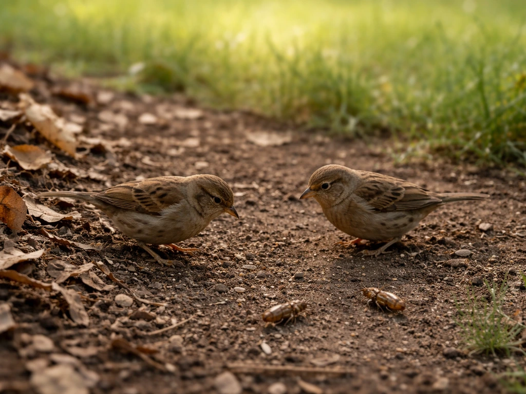 Two small birds foraging near leaf litter in a backyard, with crickets on the ground.