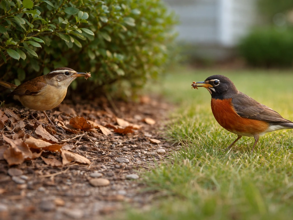 Carolina wren and American robin foraging near a home’s low shrub and lawn for crickets