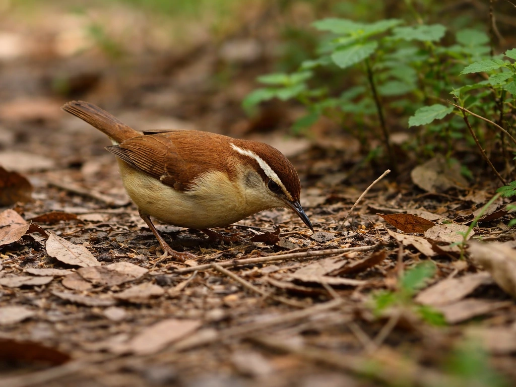 A rust-brown Carolina Wren foraging low in leaf litter and low brush.