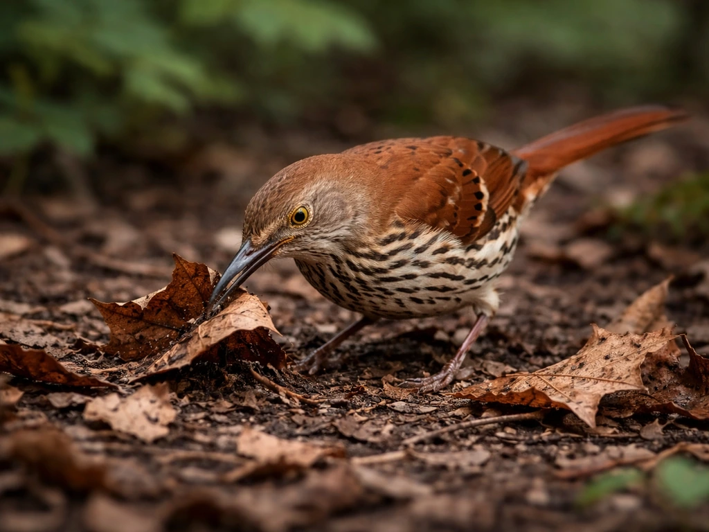 Brown thrasher foraging in leaf litter, sweeping its bill side-to-side as it flips leaves.