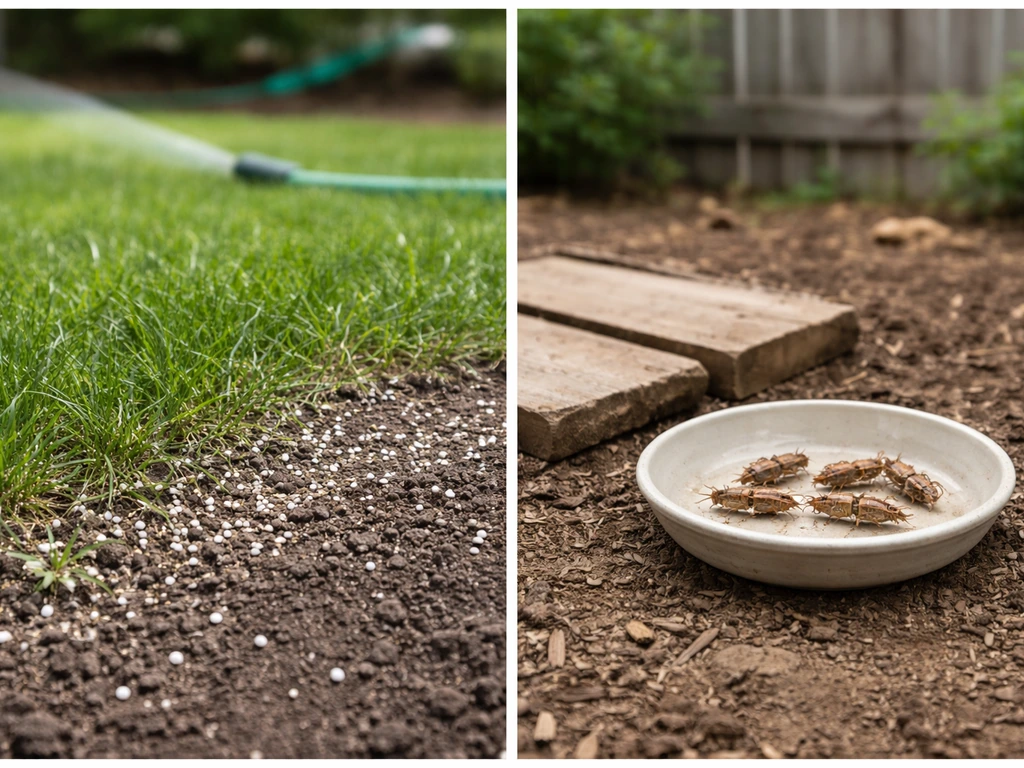Split scene: left treated lawn granules spilling, right safe clean tray for dried crickets near a garden fence.