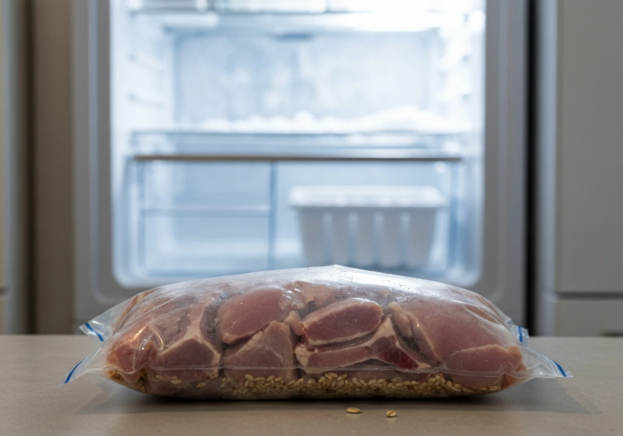 Close-up of bird chop in a clear airtight freezer bag with grains visible, freezer background softly blurred.