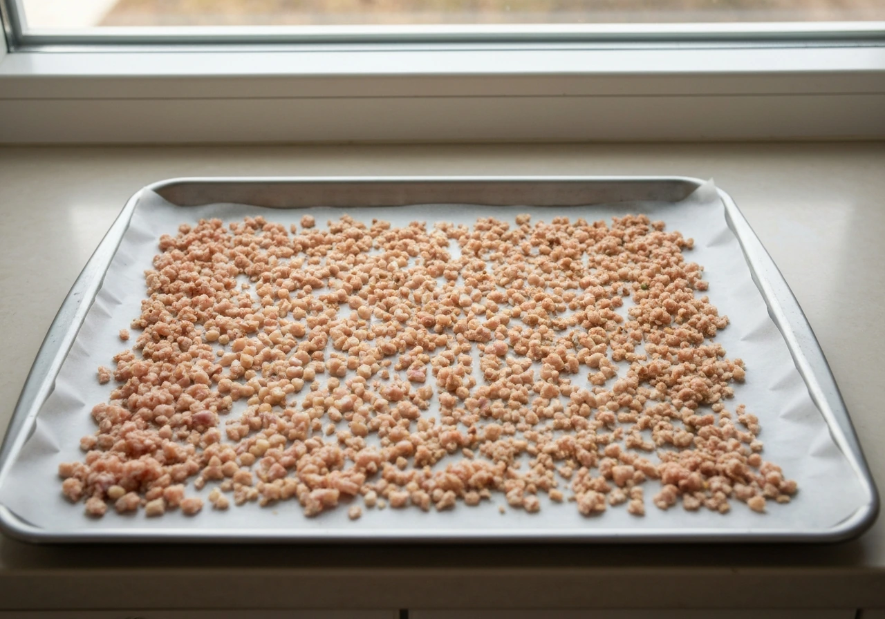 Clean parchment-lined tray with mixed chopped bird ingredients spread out to air-dry before freezing.