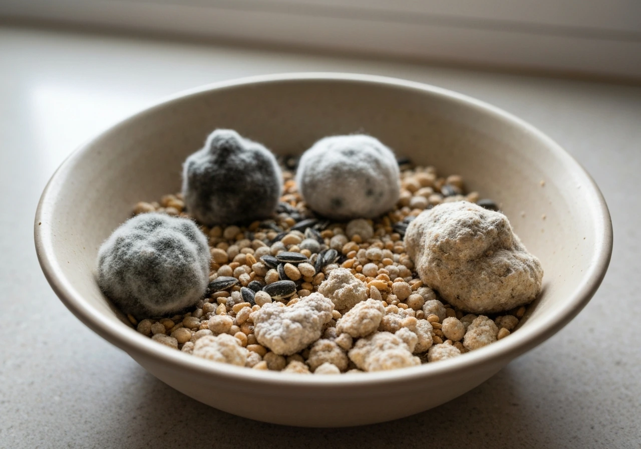 Close-up of bird chop with visible moldy clumps and damp, discolored spots in a simple bowl.