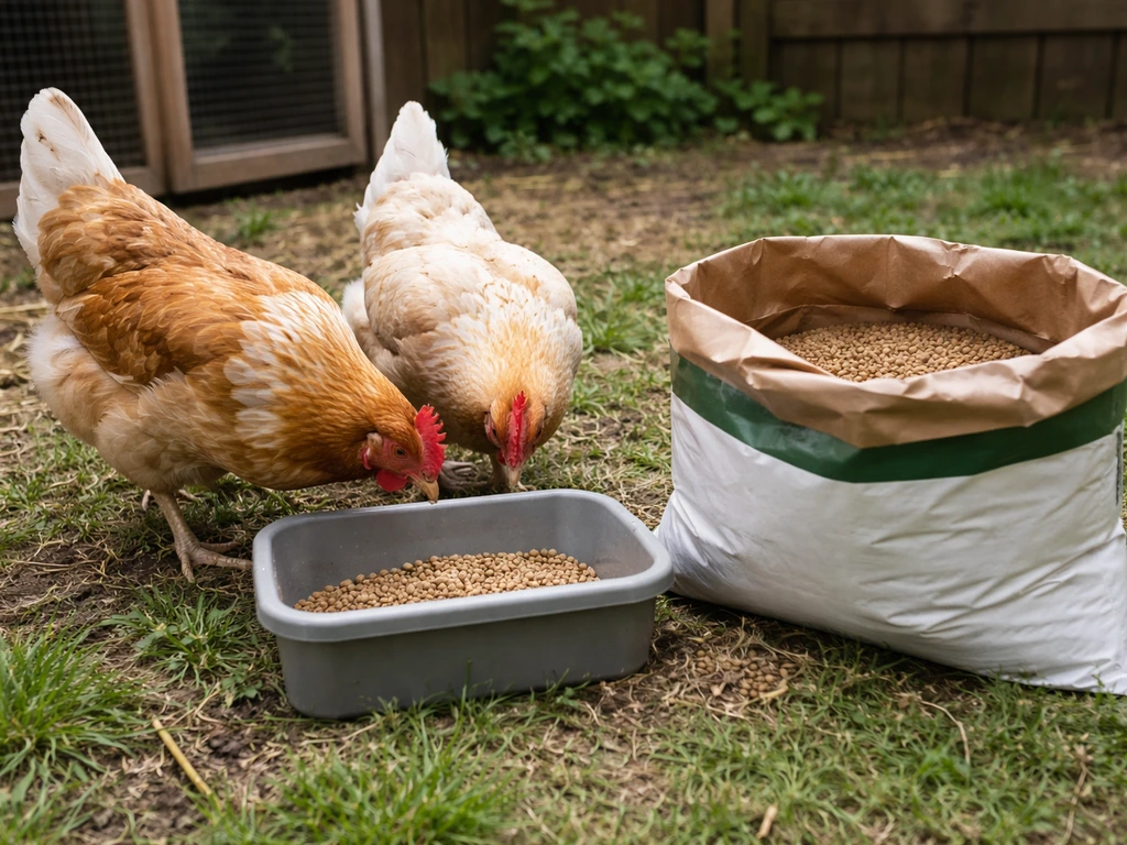 Backyard chickens near a feed bin with a visible game bird feed bag nearby.