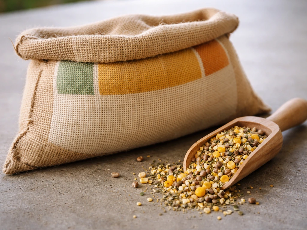 Close-up of a generic game bird feed bag and scoop of feed grains on a concrete floor