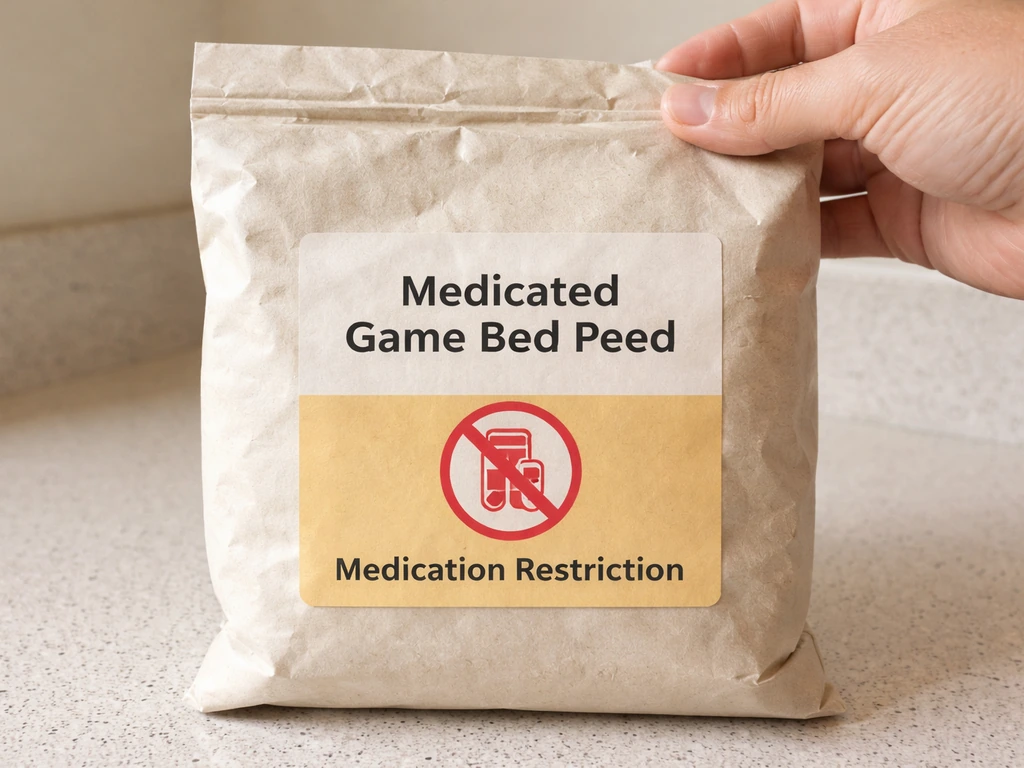 Close-up of a medicated game bird feed bag with a clear warning label visible on packaging.