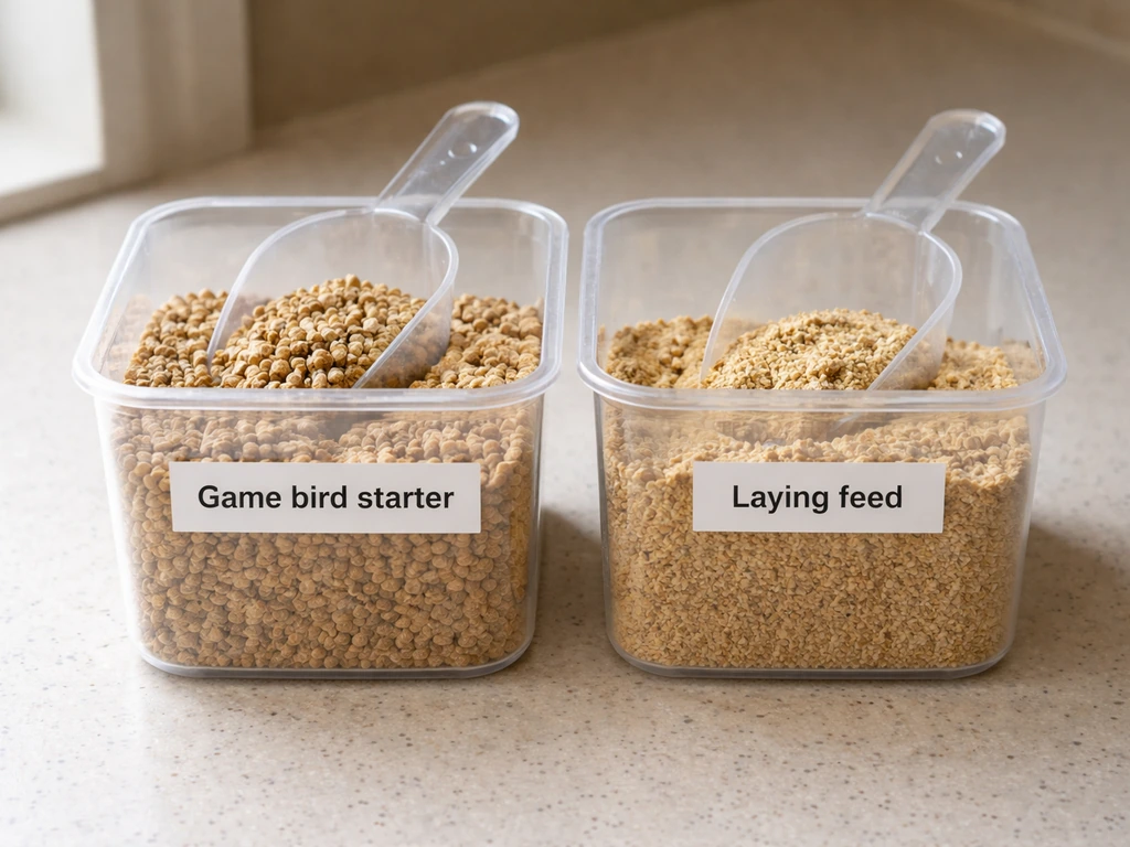 Two labeled feed containers with scoops: high-protein game bird starter and lower-protein laying feed.