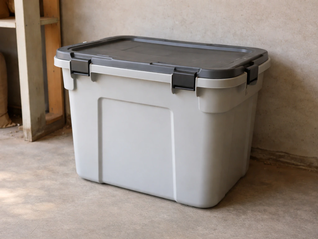 Sealed hard-sided feed container with tight lid in a simple shed, keeping feed dry and wildlife out.